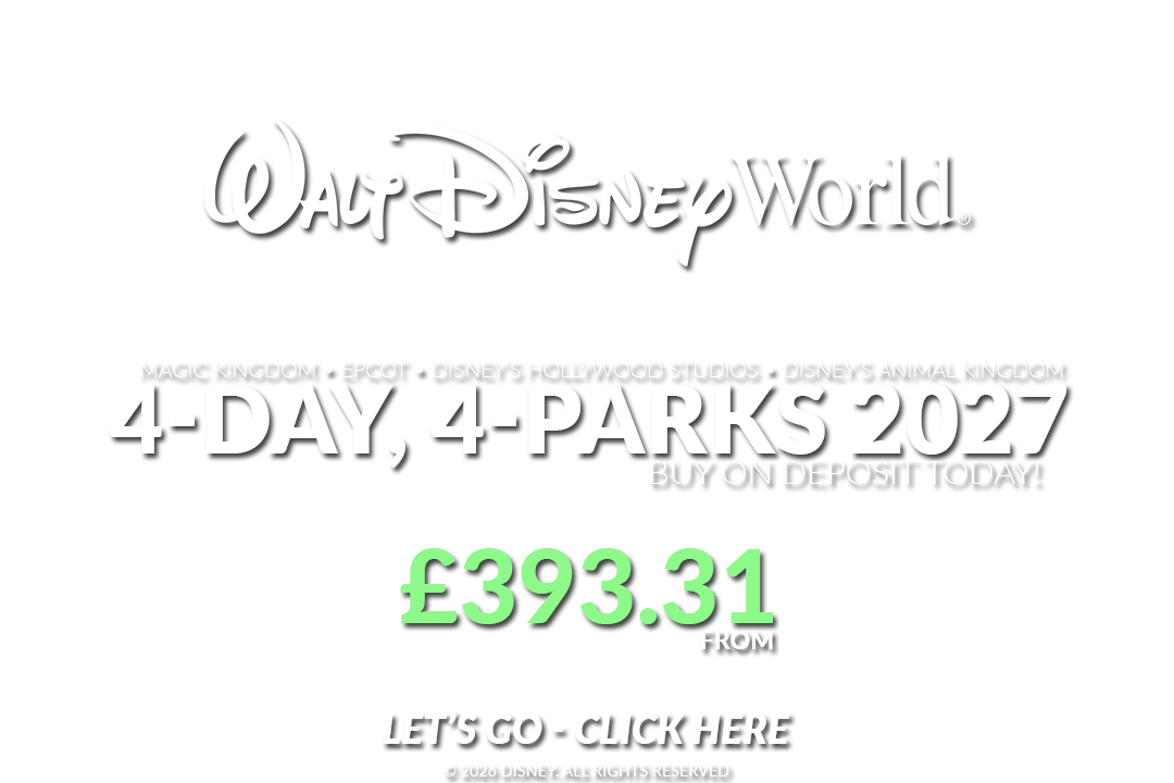 Enjoy 4 days at Walt Disney World in 2027 with admission to one of the four main parks per day: Magic Kingdom, EPCOT, Hollywood Studios, and Animal Kingdom.